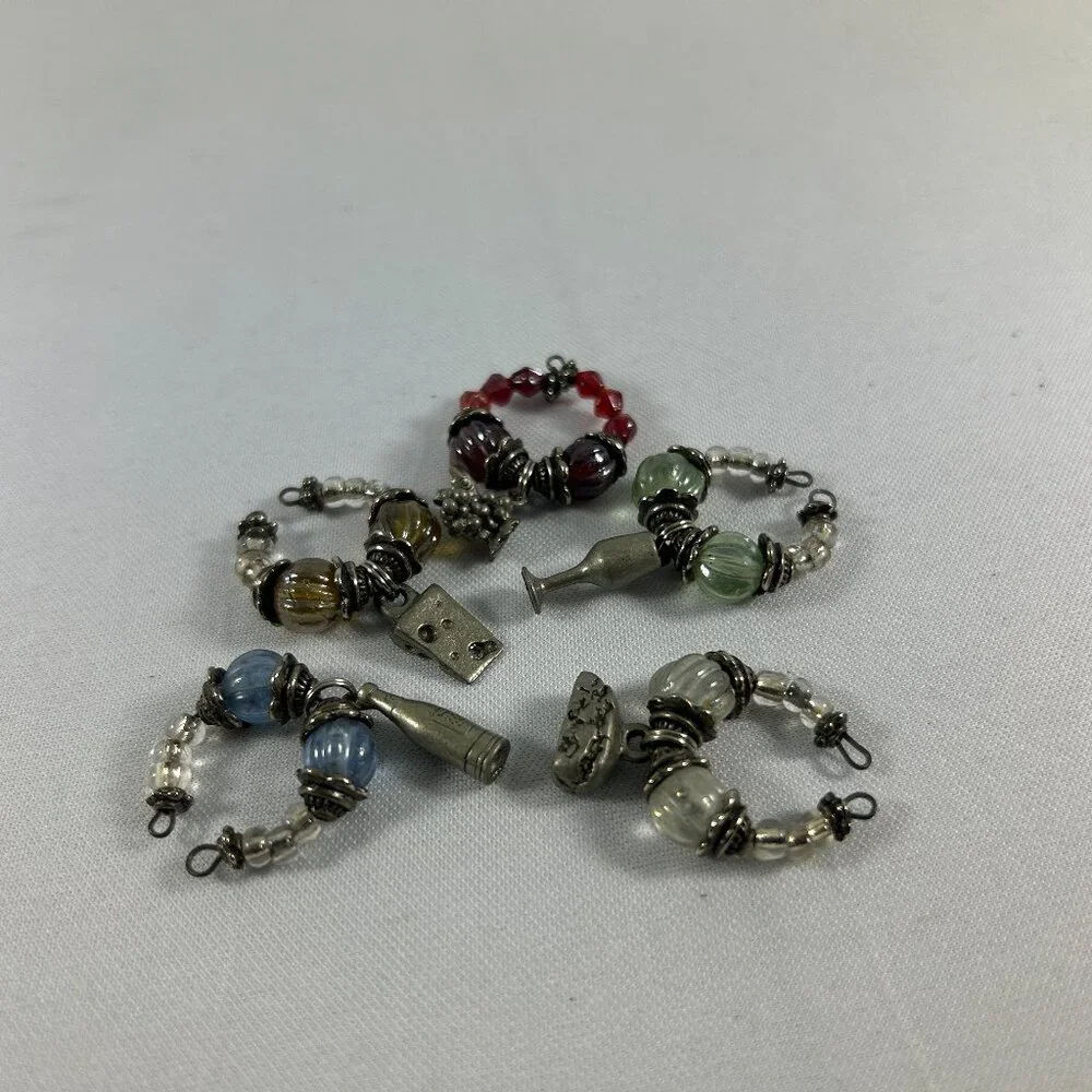 Lot 5 Multicolored Beaded Wine Charms Silver Tone Cheese Wedge Grapes Bottle